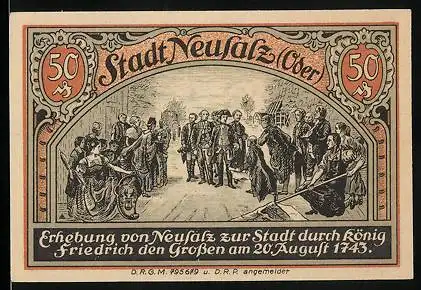 Notgeld Neusalz, 50 Pfennig, Erhebung zur Stadt, Segelschiff