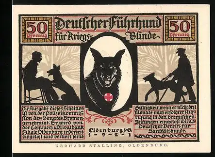 Notgeld Oldenburg 1921, 50 Pfennig, Blindenhund, aufmerksamer Diener