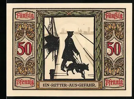 Notgeld Oldenburg 1921, 50 Pfennig, Blindenhund als Retter aus Gefahr
