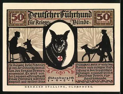 Notgeld Oldenburg 1921, 50 Pfennig, Blindenhund führt sicher an der Treppe