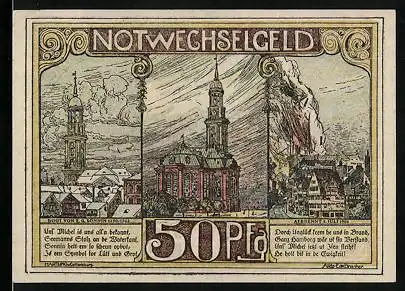 Notgeld Hamburg 1921, 50 Pfennig, Kirche, Landungsbrücke St. Pauli