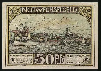 Notgeld Hamburg 1921, 50 Pfennig, Kirche, Landungsbrücke St. Pauli
