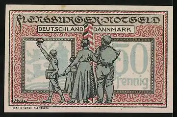 Notgeld Flensburg 1920, 50 Pfennig, Familie am Schild nach Deutschland und Dänemark