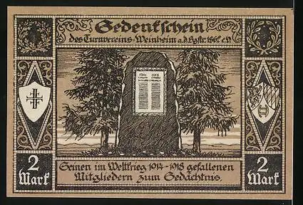 Notgeld Weinheim, 2 Mark, Denkmal, Ortsansicht