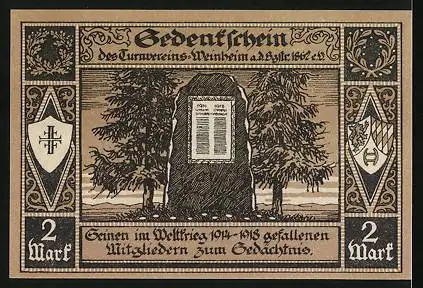 Notgeld Weinheim, 2 Mark, Burg Windeck, Denkmal