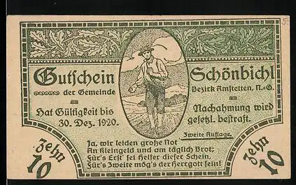 Notgeld Schönbichl 1920, 10 Heller, Bauer auf dem Feld