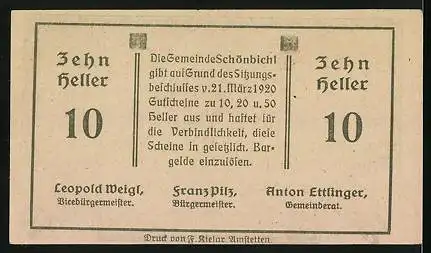 Notgeld Schönbichl 1920, 10 Heller, Bauer auf dem Feld