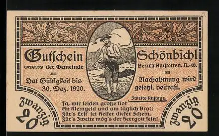 Notgeld Schönbichl 1920, 20 Heller, Bauer bei der Saat