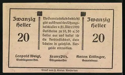 Notgeld Schönbichl 1920, 20 Heller, Bauer bei der Saat