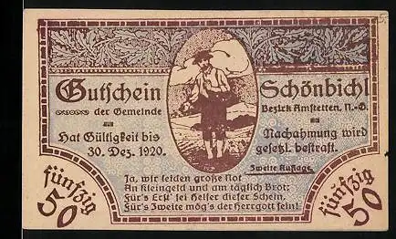 Notgeld Schönbichl 1920, 50 Heller, Bauer bei der Arbeit