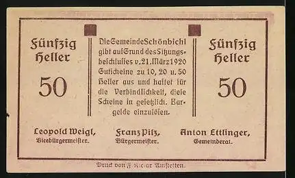 Notgeld Schönbichl 1920, 50 Heller, Bauer bei der Arbeit