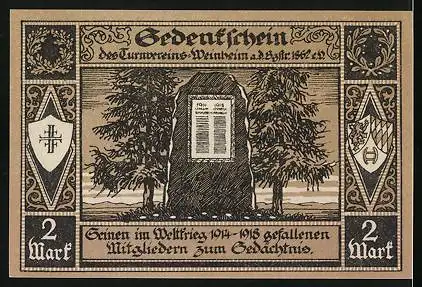 Notgeld Weinheim, 2 Mark, Frauen auf dem Feld, Denkmal