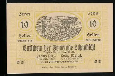 Notgeld Schönbichl 1920, 10 Heller, Bauer mit Pflug auf dem Feld