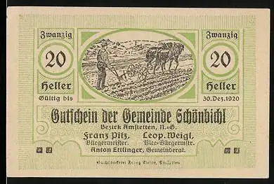 Notgeld Schönbichl 1920, 20 Heller, Bauer mit Pferden auf dem Feld