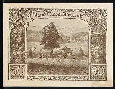 Notgeld Wien 1920, 50 Heller, Bauer mit Pferdepflug
