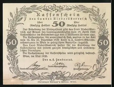 Notgeld Wien 1920, 50 Heller, Bauer mit Pferdepflug