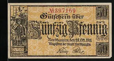 Notgeld Nordhausen 1919, 50 Pfennig, Ritter mit Schwer und Schild