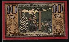 Notgeld Wernigerode 1921, 10 Pfennig, Bürger in Tracht, Eule mit Kerze