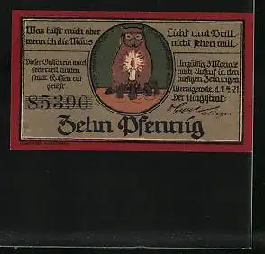 Notgeld Wernigerode 1921, 10 Pfennig, Bürger in Tracht, Eule mit Kerze