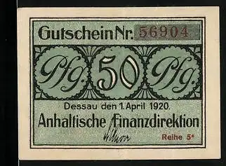 Notgeld Dessau 1920, 50 Pfennig, Gutscheinnummer 56904