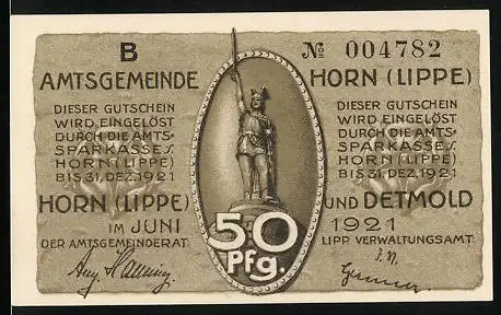 Notgeld Horn 1921, 50 Pfennig, Denkmal, Varusschlacht