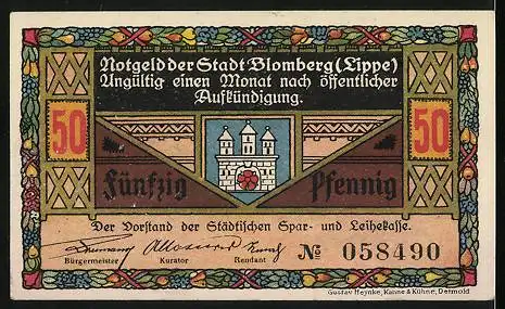 Notgeld Blomberg, 50 Pfennig, Burgtor und Weinbergtor