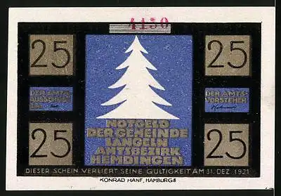 Notgeld Langeln /Hemdingen 1921, 25 Pfennig, Tanne, Weihnachtsspiel, Sterntaler