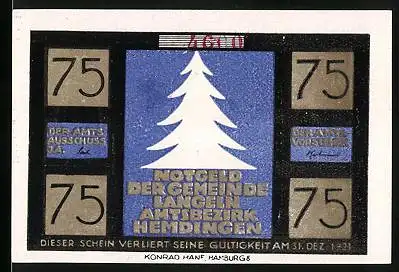 Notgeld Langeln /Hemdingen 1921, 75 Pfennig, Tanne, Weihnachtsspiel Elfchens Reise, Am Christbaum