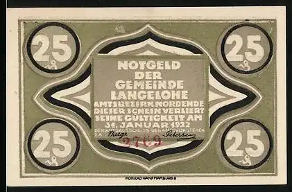 Notgeld Langelohe 1922, 25 Pfennig, Schwein, Ähren, Schiff mit Kreuz, Warenkörbe