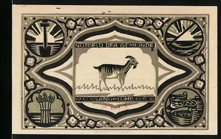 Notgeld Langelohe 1922, 50 Pfennig, Ziege, Ähren, Schiff mit Kreuz, Warenkörbe