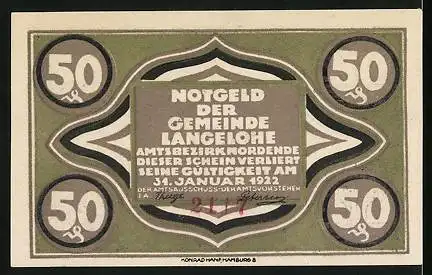 Notgeld Langelohe 1922, 50 Pfennig, Ziege, Ähren, Schiff mit Kreuz, Warenkörbe