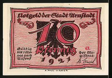 Notgeld Arnstadt 1921, 10 Pfennig, Adler, Streit zwischen Verkäuferin und Kundin