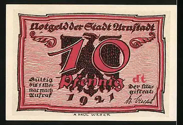 Notgeld Arnstadt 1921, 10 Pfennig, Adler, Münzen legendes Huhn