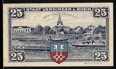 Notgeld Uerdingen /Rh. 1921, 25 Pfennig, Panorama mit Schiffen, Wappen