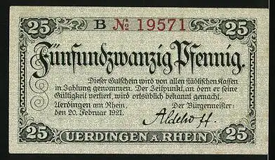 Notgeld Uerdingen /Rh. 1921, 25 Pfennig, Panorama mit Schiffen, Wappen