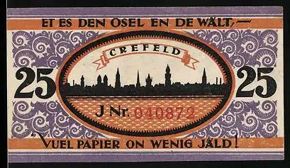 Notgeld Crefeld 1921, 25 Pfennig, Stadtpanorama, Ornamente