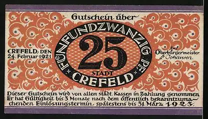 Notgeld Crefeld 1921, 25 Pfennig, Stadtpanorama, Ornamente