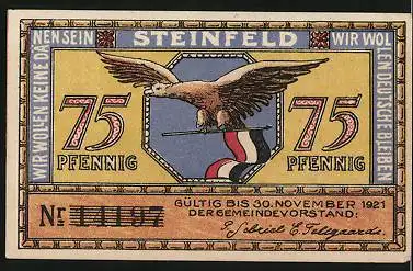 Notgeld Steinfeld 1921, 75 Pfennig, Adler mit Fahne, Bauern mit Heuwagen, Wappen