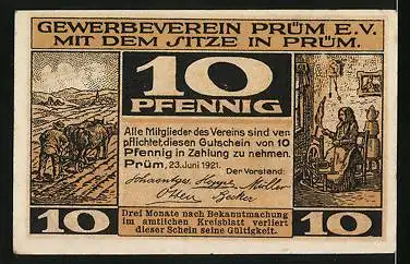 Notgeld Prüm 1921, 10 Pfennig, Markttag, Bauer, Spinnerin
