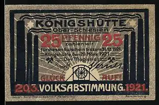 Notgeld Königshütte /Oberschlesien 1921, 25 Pfennig, Förderanlage, Bergbau-Symbol