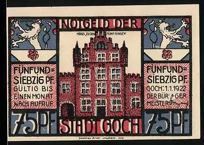 Notgeld Goch 1922, 75 Pfennig, Haus zu den fünf Ringen, Einwandernde Holländer