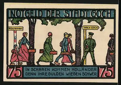 Notgeld Goch 1922, 75 Pfennig, Haus zu den fünf Ringen, Einwandernde Holländer