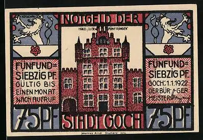 Notgeld Goch 1922, 75 Pfennig, Warenhaus Deutschland, Holländische Einwanderer