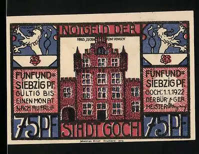 Notgeld Goch 1922, 75 Pfennig, Haus zu den fünf Ringen, Schmuggler und Zöllner