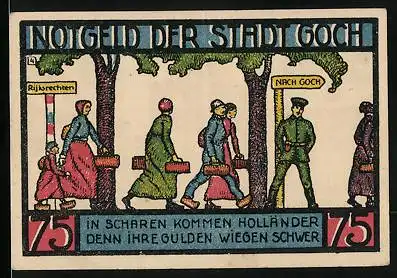 Notgeld Goch 1922, 75 Pfennig, Haus zu den fünf Ringen, Wappen, Einwandernde Holländer