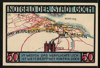 Notgeld Goch 1922, 50 Pfennig, Steintor, Wappen, Landkarte