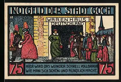 Notgeld Goch 1922, 75 Pfennig, Haus zu den fünf Ringen, Wappen, Warenhaus Deutschland