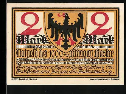 Notgeld Goslar 1922, 2 Mark, Wappen, Paare mit Kränzen
