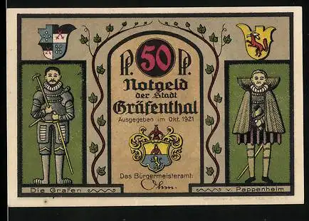 Notgeld Gräfenthal 1921, 50 Pfennig, Grafen von Pappenheim, Wappen, Fuhrleute