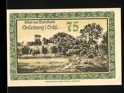 Notgeld Grünberg /Schl. 1921, 75 Pfennig, Löbtenz, Wappen, Kinderfiguren